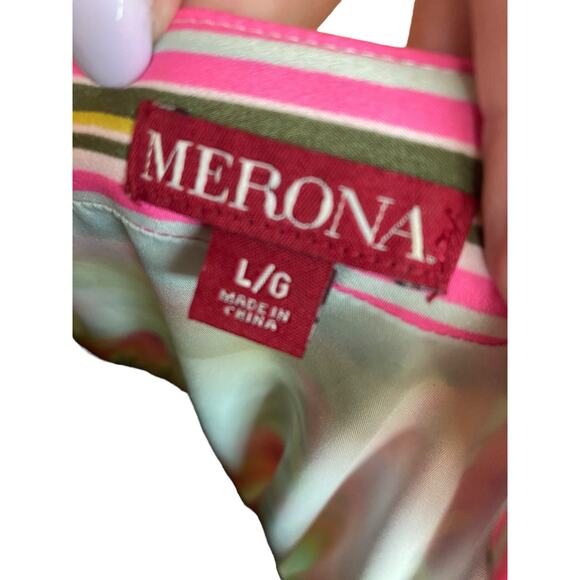 Merona Summer Dress Size Large Pink Green Floral Tropical Vacation Resort Wear - Picture 7 of 7